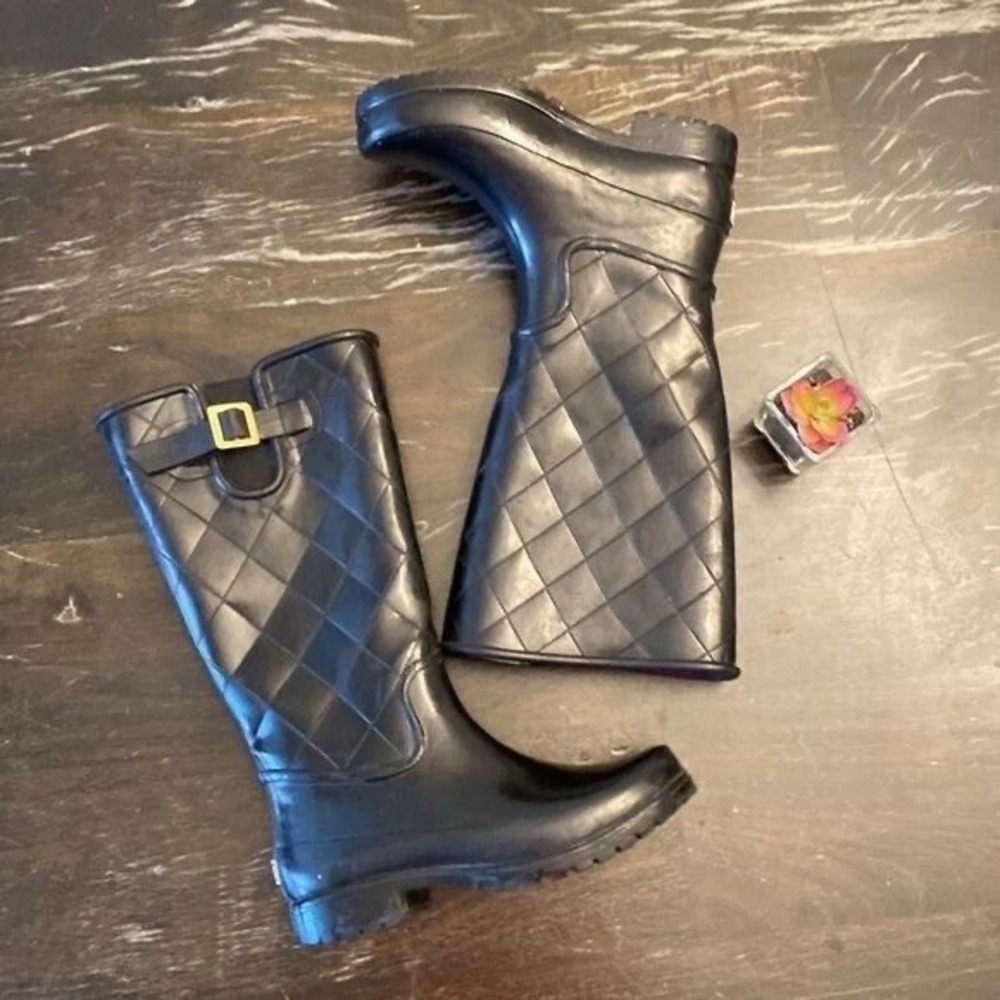 SPERRY Black rubber pull on tall rain boots heel waterproof women size 10 - Picture 4 of 5